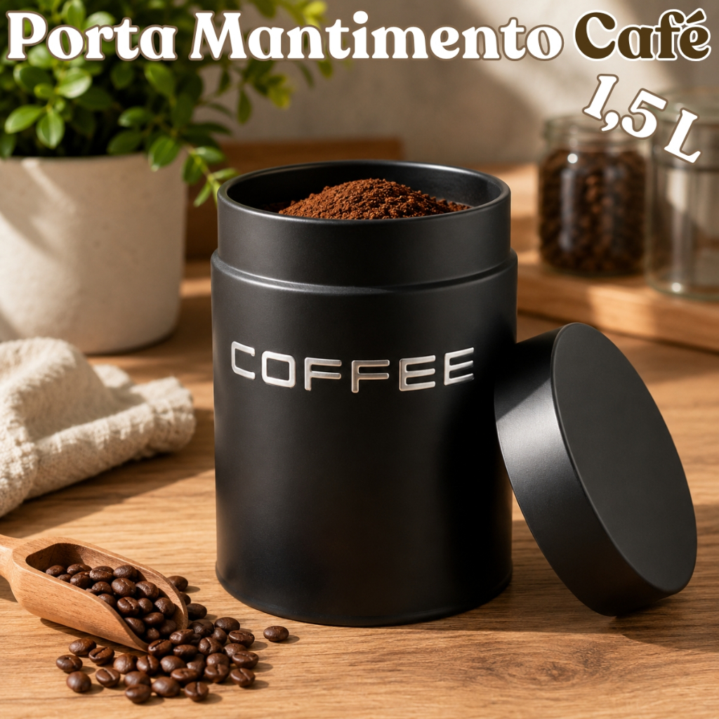 Lata Porta Mantimento Café 1,5L Com Tampa Coffee 11x16,5cm Preto Fosco Luxo Organização