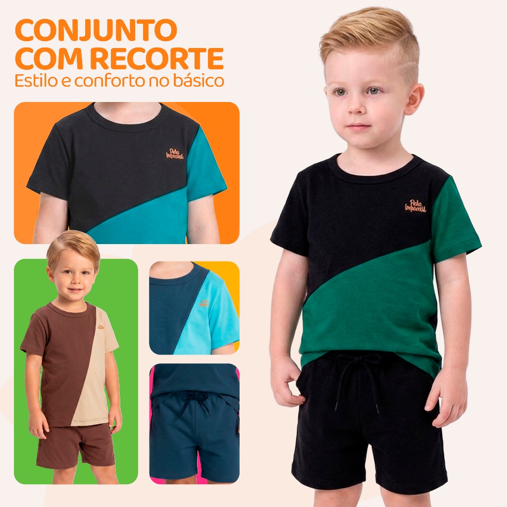 Kit 3 Conjuntos Infantil Masculino com Recorte Diagonal Camisa e Bermuda Design Moderno Estilo Casual · foto 2
