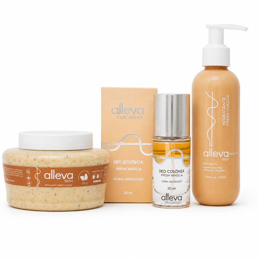 Kit Corpo Fresh Vanilla Alleva Hidratante Esfoliante Perfume Deo Colônia