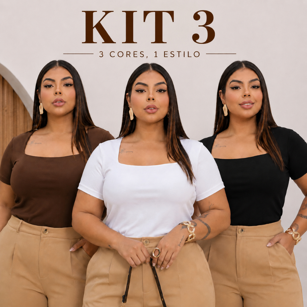 Kit 3 Blusa Feminina Plus Size Manga Curta Suplex Decote Quadrado Básica Premium Elegante Confortável