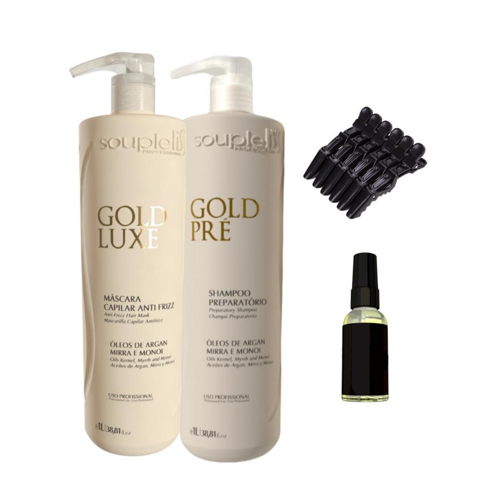 Kit Escova Progressiva Realinhamento Térmico Souple Liss Gold Luxe