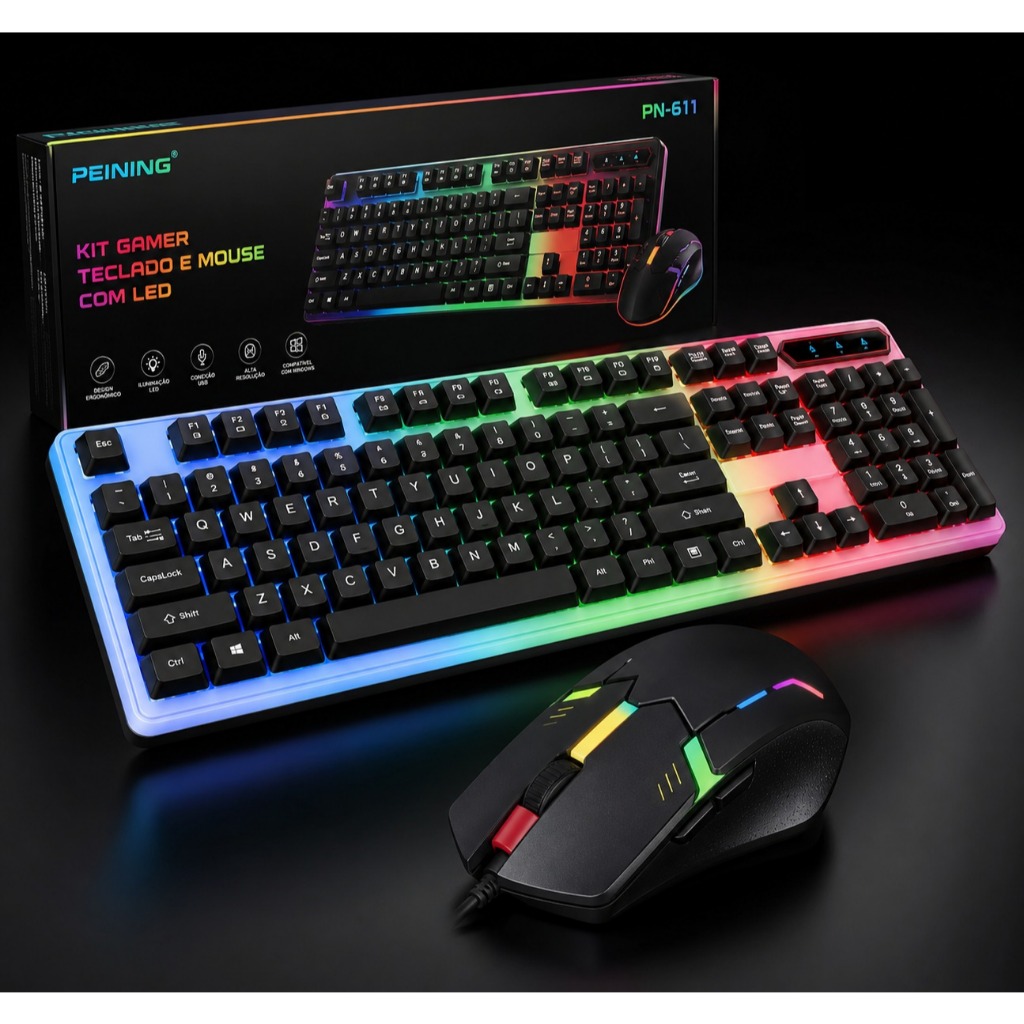 Kit Gamer Teclado e Mouse RGB LED USB com Fio ABNT2 Ergonômico para PC Notebook Windows Preto