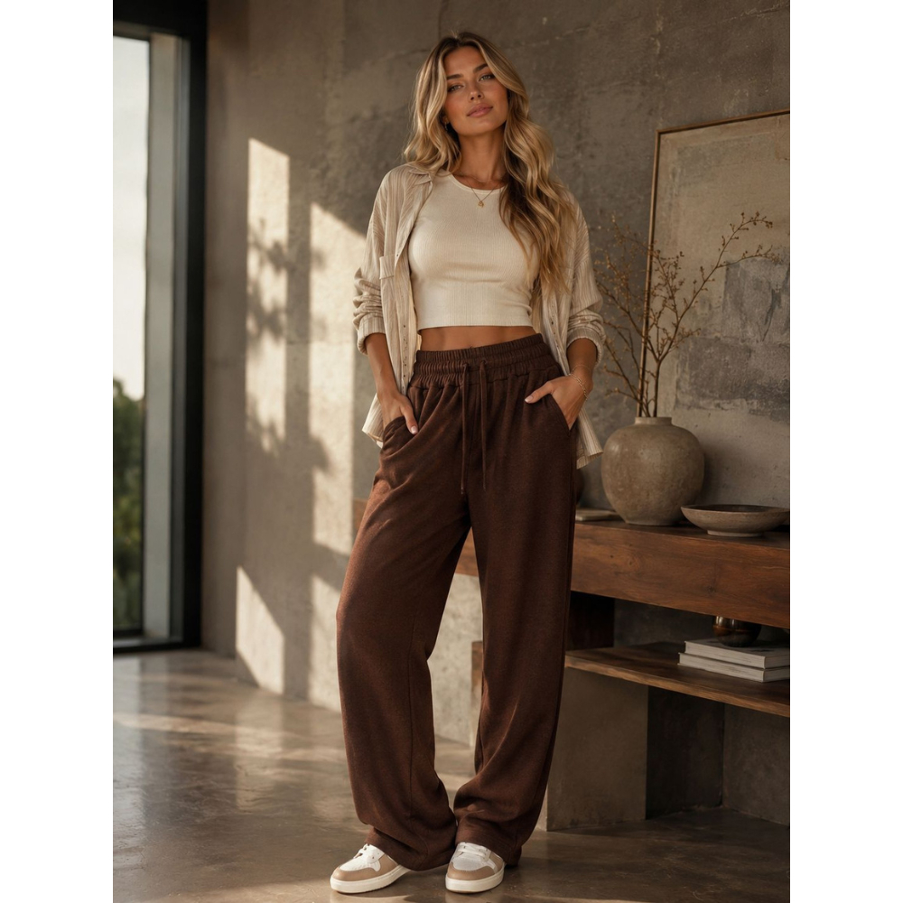Calça Feminina Lanzinha com Cós de Elástico e Amarração – Modelagem Soltinha, Tecido Macio, Leve e Muito Confortável