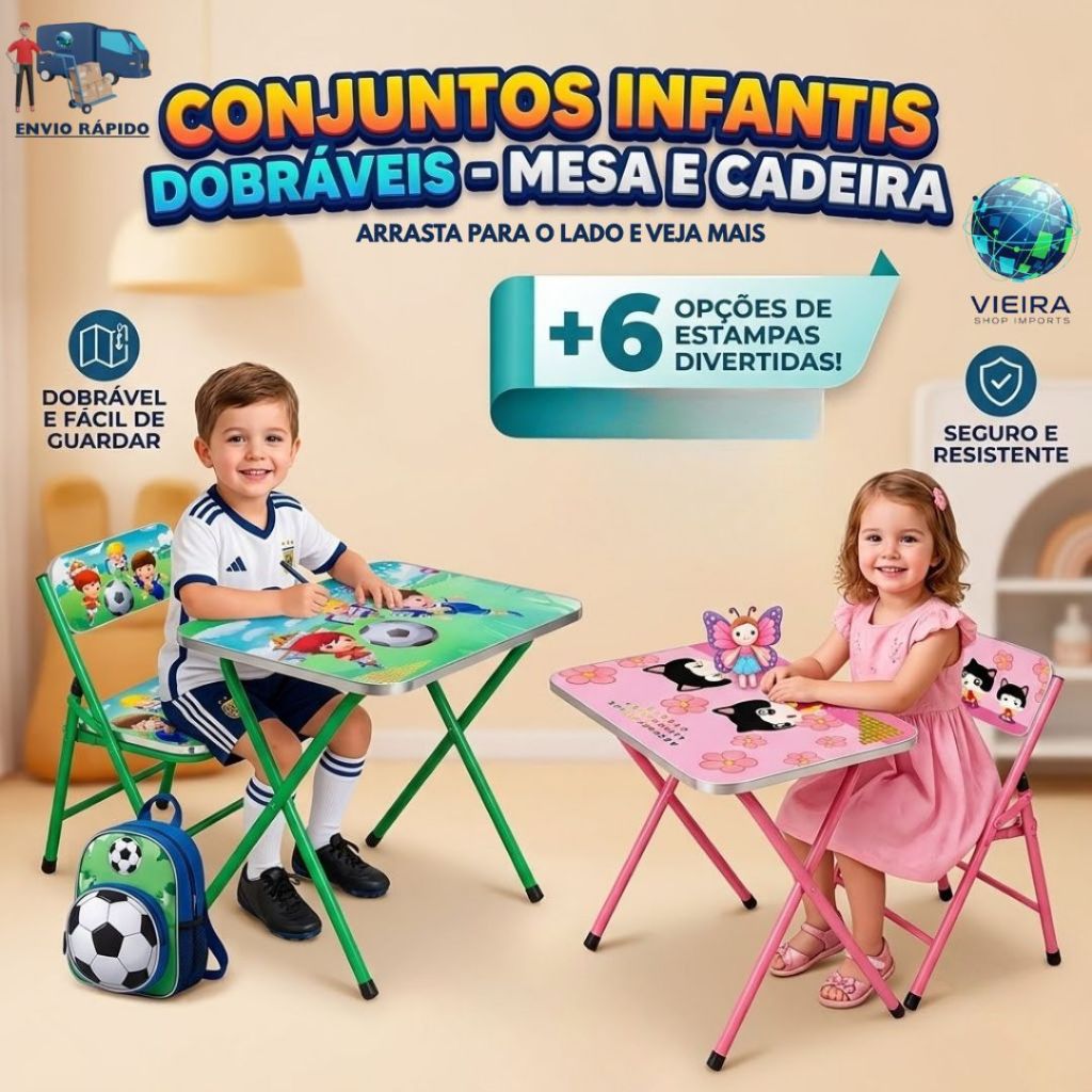 Conjunto mesa e cadeira infantil dobrável mesinha educativa de atividades para crianças em aço resistente menino menina