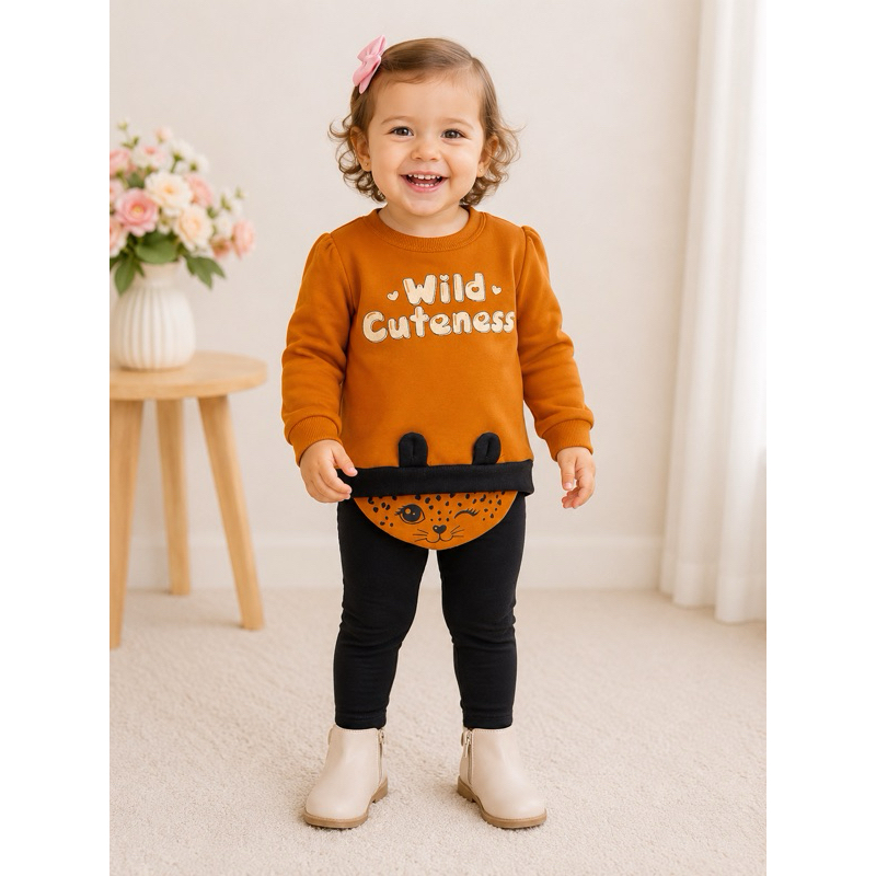 Conjunto Infantil Menina Blusa de Moletom Caramelo e Calça Legging Preta Marlan