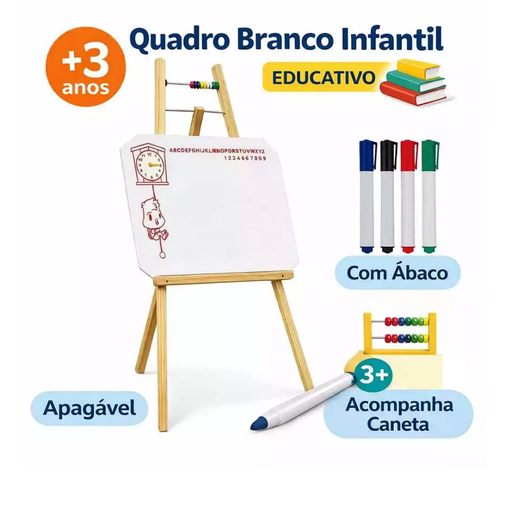Lousa Quadro  Branco  Infantil  Com  Cavalete + Apagador + Canetas
