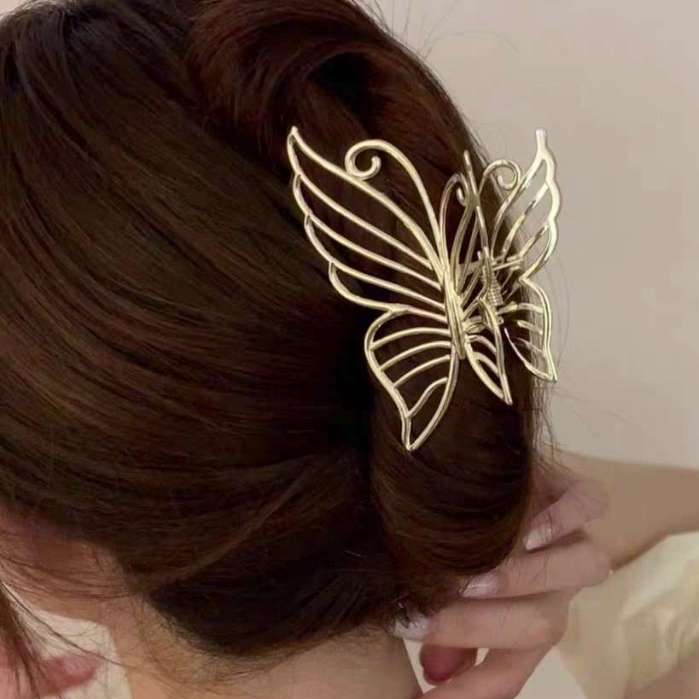 Piranha De Cabelo Borboleta Dourada Em Metal Presilha Feminina Luxo