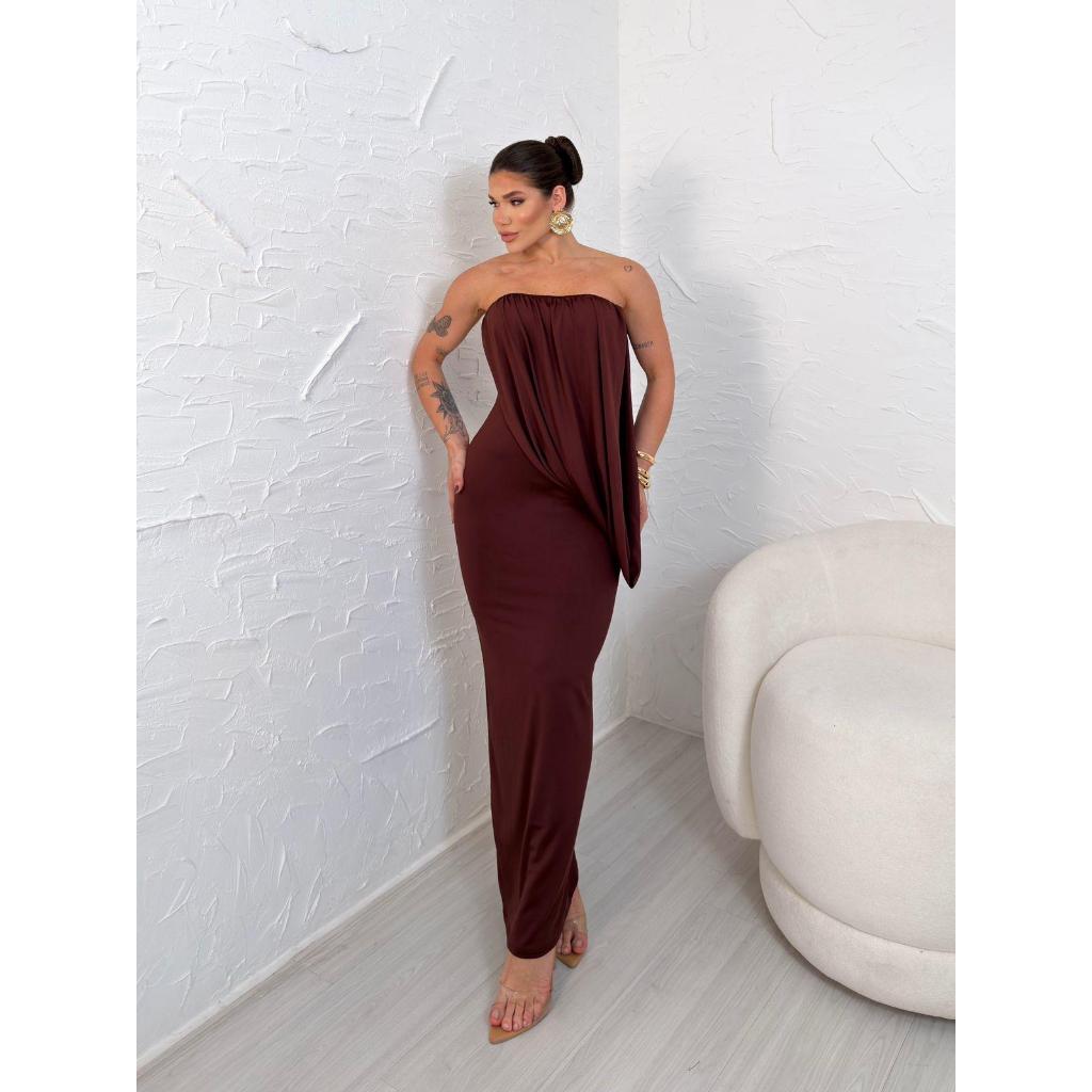Vestido Longo Tomara Que Caia Com Caimento Solto Assimétrico Moda Feminina Elegante E Sofisticada