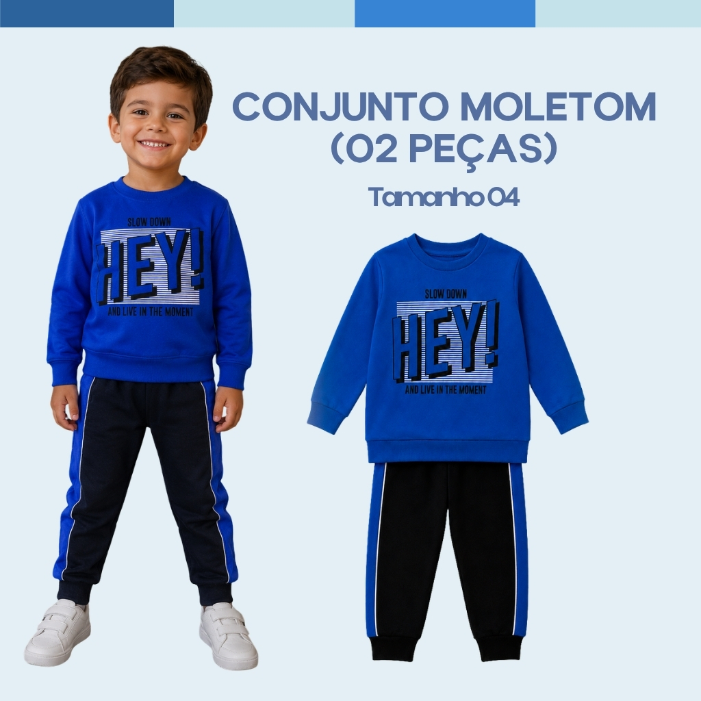 Conjunto Moletom Infantil Para Menino 04 Anos Azul Royal Estampado Inverno Manga Longa Gola Careca
