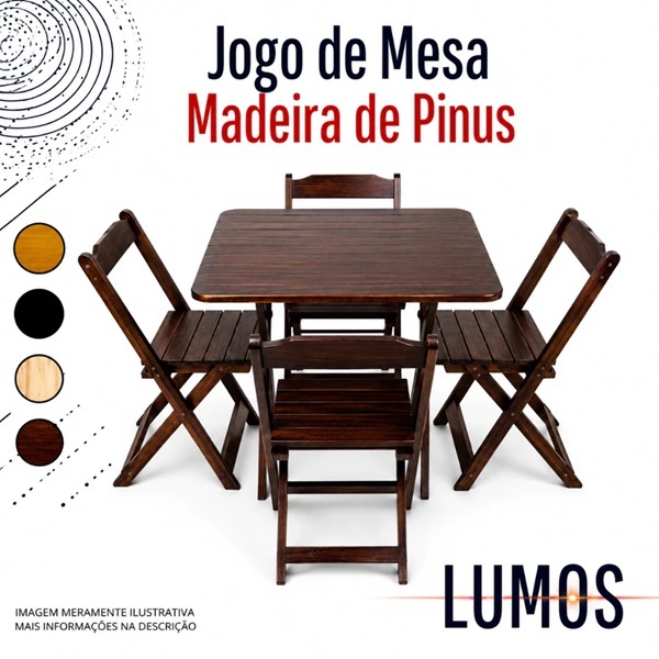 KIT JOGO DE MESA MADEIRA DOBRÁVEL COM 4 CADEIRAS - BAR RESTAURANTE ÁREA GOURMET