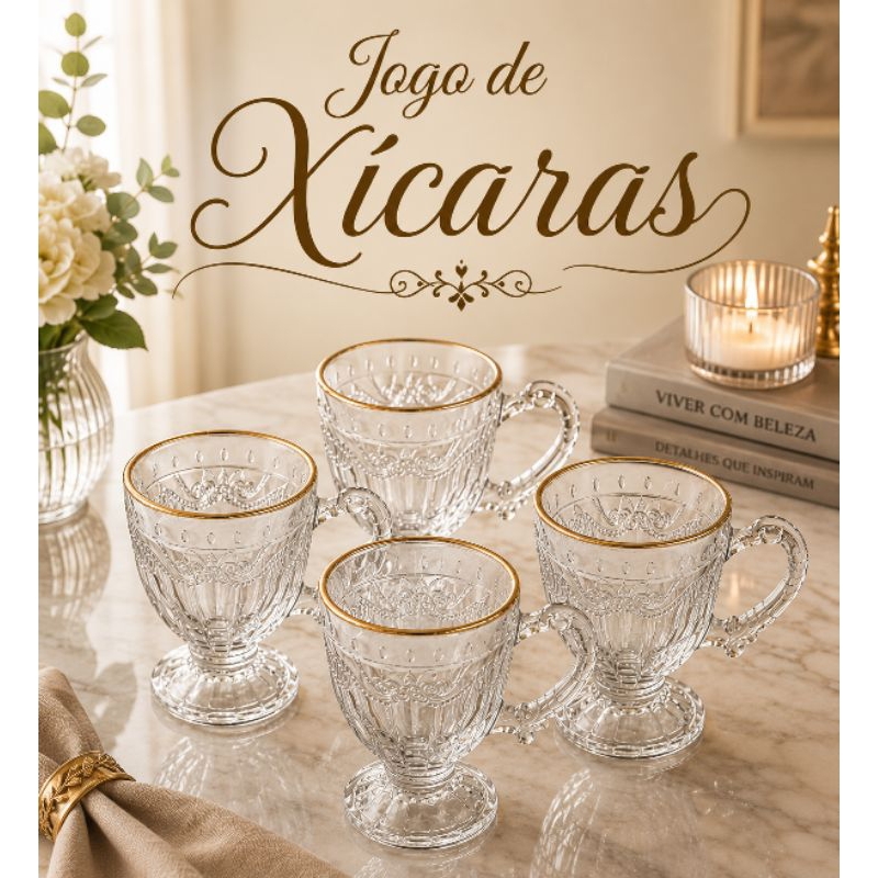 CANECA XÍCARA DE VIDRO CRISTAL PARA CAFÉ / CAPPUCCINO PROVENCE BORDA DOURADA 190ML