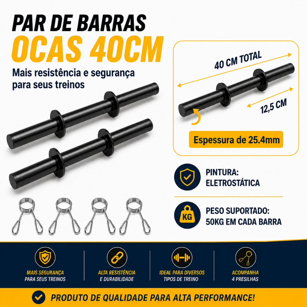 Par Barra Oca 40cm Presilhas Academia Musculação Halteres Treino em Casa Fitness Anilha Supino 25.4mm