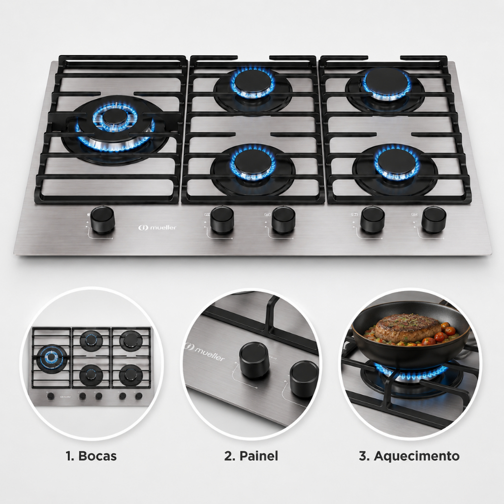 Cooktop Bivolt Gás Mueller 5 Bocas MCG5BL Grade Dupla Tc Aluminio 3600w