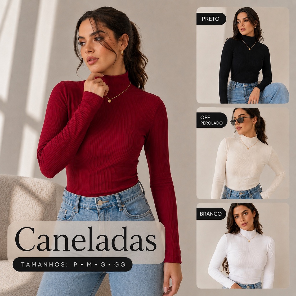 Básica Manga Longa P - M - G - GG Gola Alta Sem Costura Blusa Canelada Comprida Cacharrel de Frio