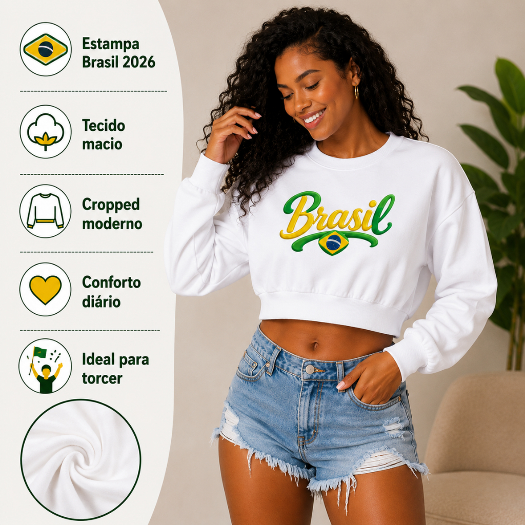 Cropped Moletom Feminino Copa do Mundo 2026 Brasil Casual Estiloso Confortável