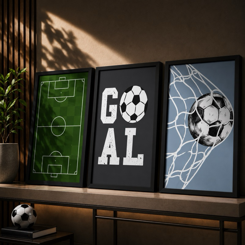 Kit 3 Quadros Decorativo de Futebol Quarto Infantil Menino Bola Gol Campo Moldura Preta Decoração Moderna Gamer Esporte