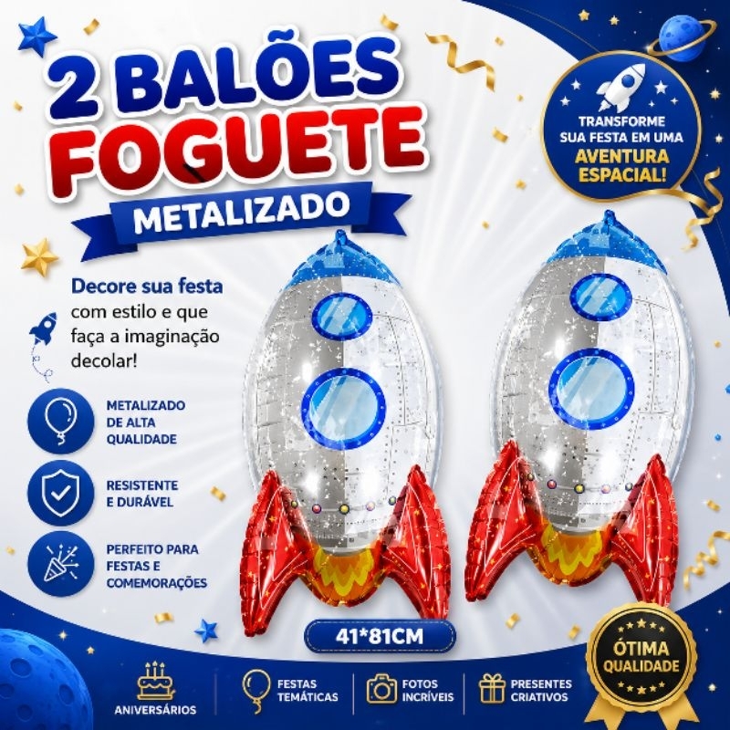 Kit 2 Balões Metalizados Foguete Espacial 81cm Decoração Festa