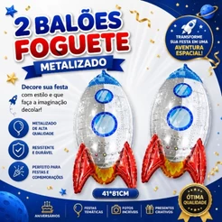Kit 2 Balões Metalizados Foguete Espacial 81cm Decoração Festa