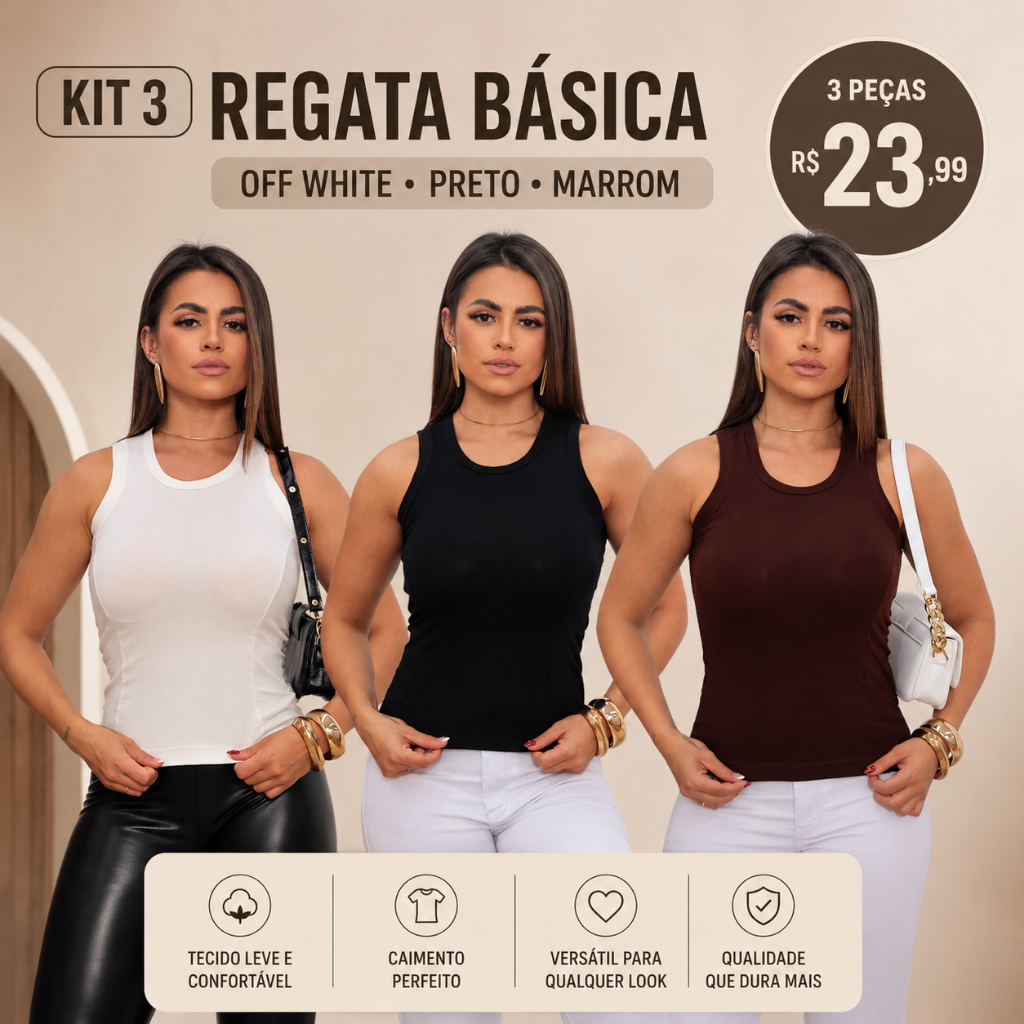 KIT 3 REGATA BASICA FEMININA 96% ALGODÃO 4% ELASTANO