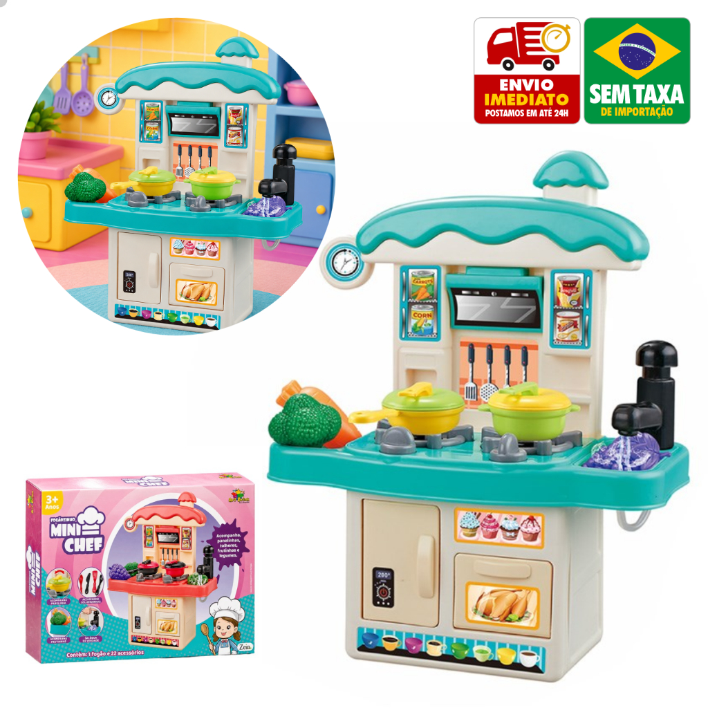 Cozinha Infantil Completa 22 Acessórios Torneira Funcional Sai Água Panelas Comidinhas 29x24cm