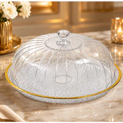 Boleira Redonda 30 cm Com Tampa Plástica Porta Bolo Doces Tortas Mesa Dourada
