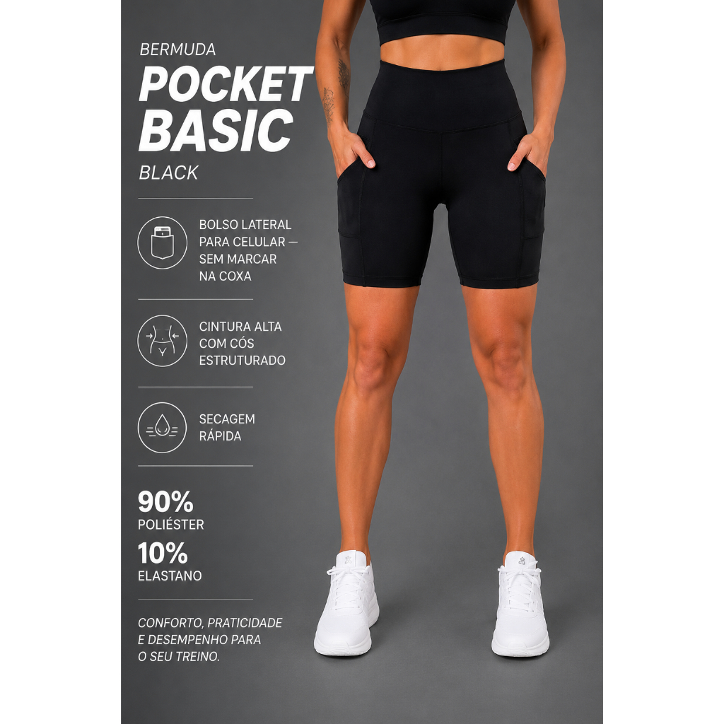 Bermuda Fitness Feminina Academia Bolso Celular Alta Compressão Secagem Rápida Preta Treino Corrida Caminhada Yoga