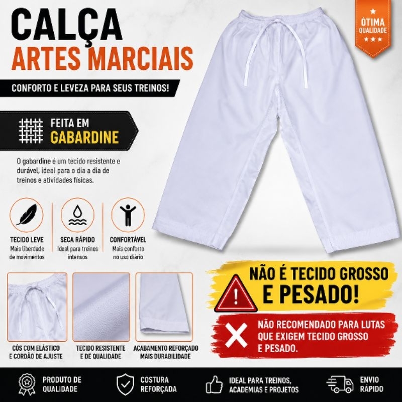 Calça Taekwondo Branca Arte marcial Gabardine Tecido Leve Costura reforçada