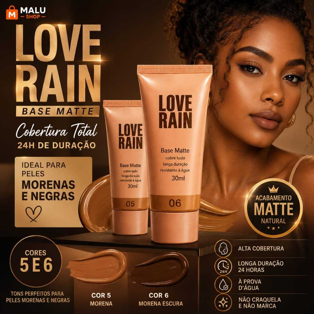 Base Love Rain Original Cor 5 e 6 Alta Cobertura Para Pele Morena e Negra 24h Matte Resistente à Água Textura Leve