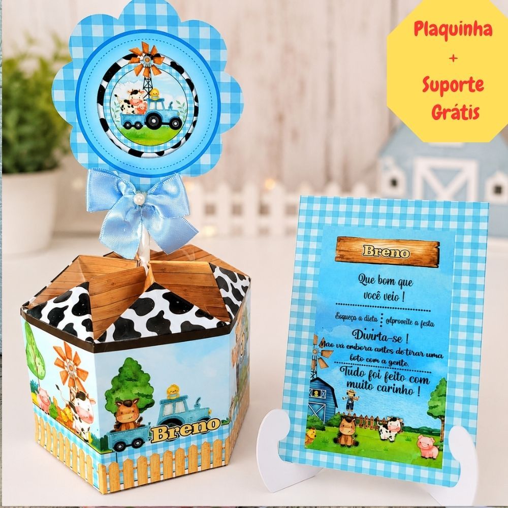 Centro de Mesa Fazendinha Azul + Plaquinha Menino/Cachepô/Personalizado/Lembrancinha/Festa/Aniversário/Infantil/Arranjo/