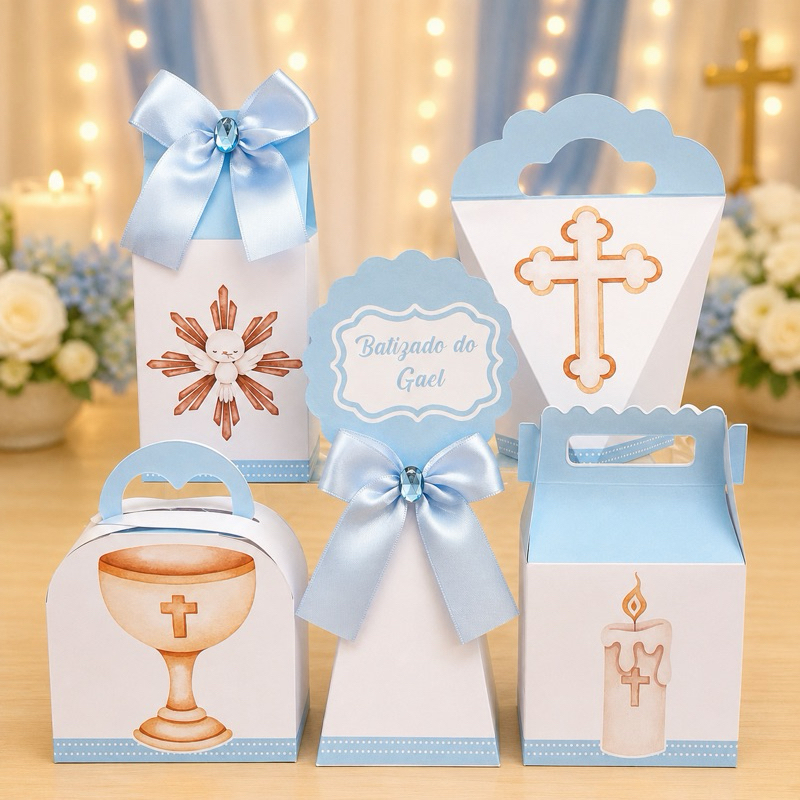 Kit Festa Batizado Menino Caixinhas para festa infantis lembrancinhas de aniversario mimos decoração personalizados