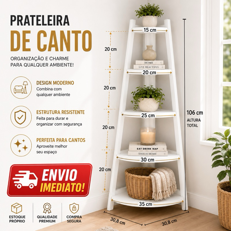 Estante Organizadora de Canto 5 Andares 106cm Grande MDF – Multiuso para Quarto, Sala, Escritório