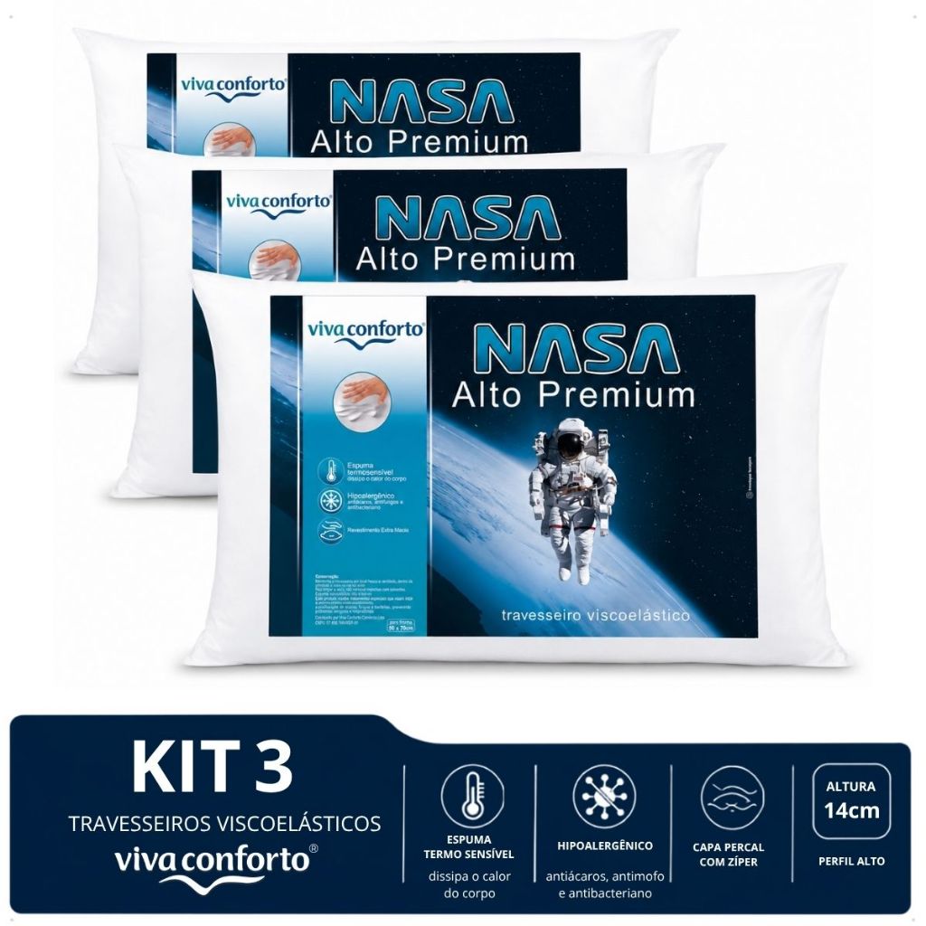 Kit 3 Travesseiro Nasa Alto Viva Conforto Capa Percal algodão Viscoelástico Antialérgico Altura 14cm
