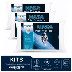 Kit 3 Travesseiro Nasa Alto Viva Conforto Capa Percal algodão Viscoelástico Antialérgico Altura 14cm