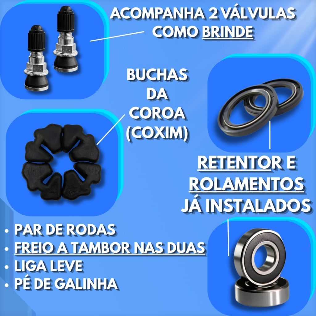 Par Roda Liga Leve Pé De Galinha Freio Tambor Honda Titan Fan Start 2004 A 2017 Rolamento Válvula — imagem 2 de 2