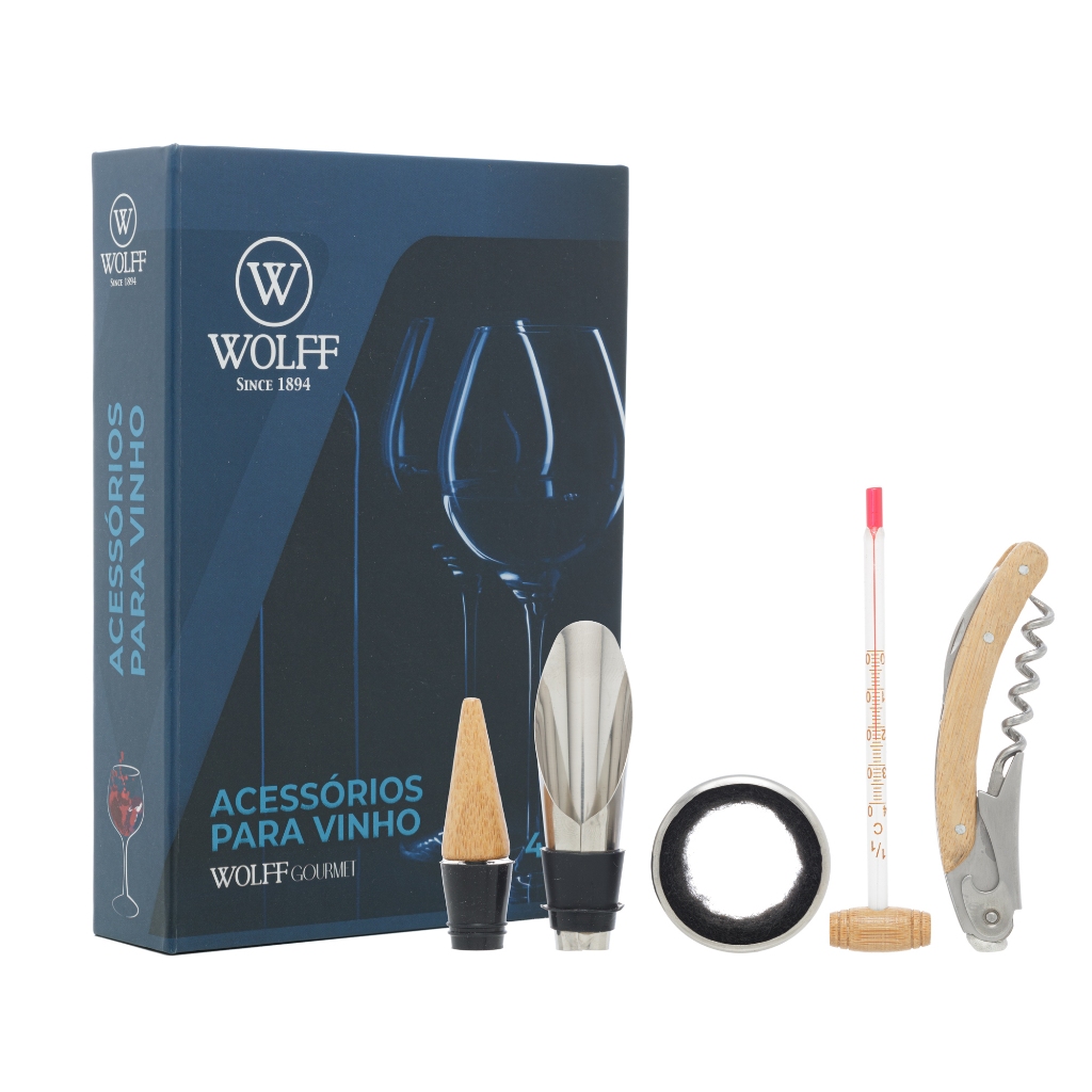 Kit Saca-Rolhas Aerador Inox Com Estojo 4 Peças Wine - Wolff