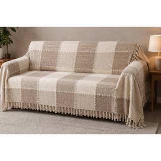 Manta  para Sofá Xale 3 Lugares 2,20mx2,60m Xadrez Bege Cru com Franjas Artesanal Decorativa Premium