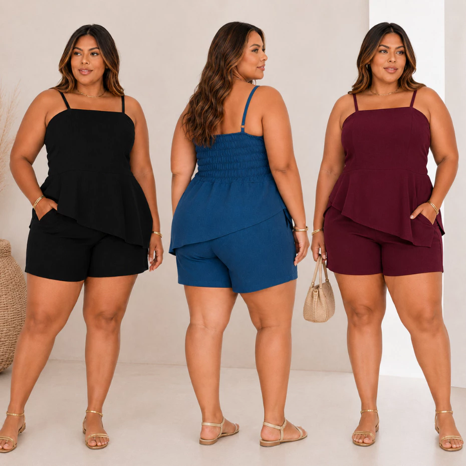 Conjunto Feminino Plus Size Elegante e Casual Assimétrico Duna Blusa Elástico e Shorts Curto Moda Verão Confortável  - — imagem 1