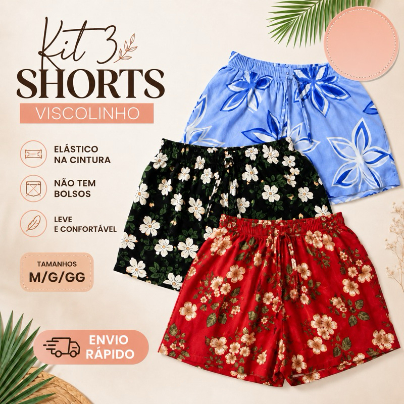 Kit 3 Short Feminino Fresquinho Bermuda Moda Praia Estampada Moda Verão Promoção ESTAMPAS ALEATORIAS SORTIDAS