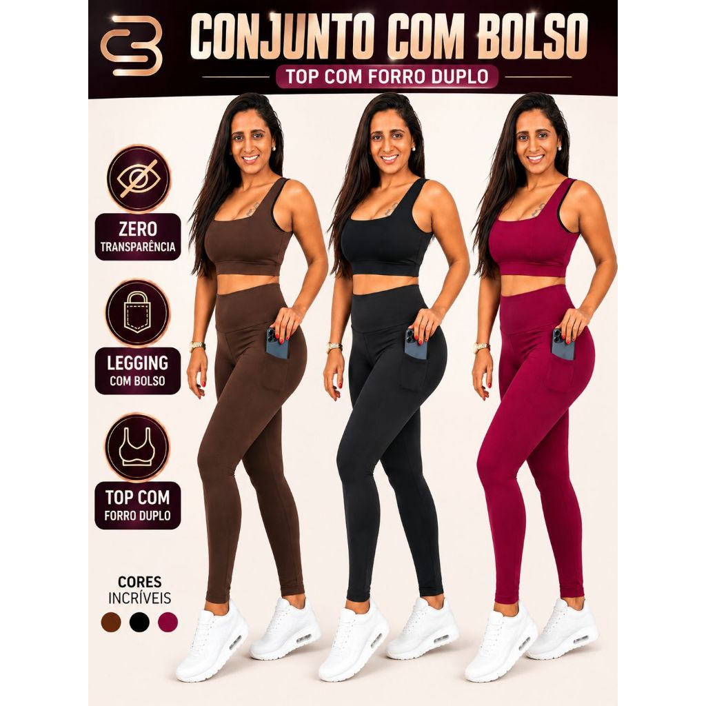 Conjunto Feminino Academia Calça Legging Fitness Cintura Alta Zero Transparência Bolso lateral + Top