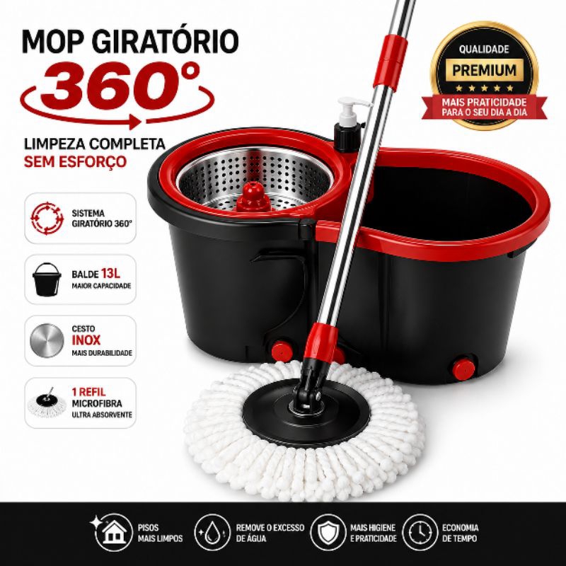 Mop Giratório 360° Balde 13L Cesto Inox Esfregão Spin Mop com 1 Refil Microfibra Limpeza de Pisos