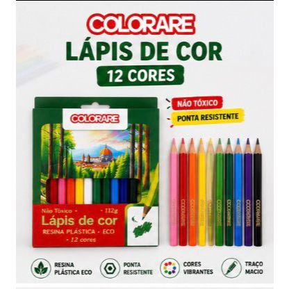 Lápis de Cor Colorare 12 Cores | Kit 1, 2 ou 4 Caixas | Resina Plástica ECO | Não Tóxico