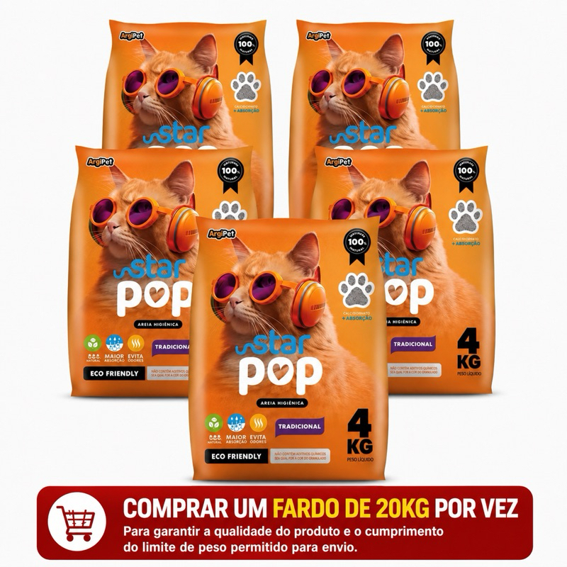 Kit  5 Areias Sanitária Gato Natural Argila Absorvente Ecológica (Antiodor) - Star Pop Tradicional