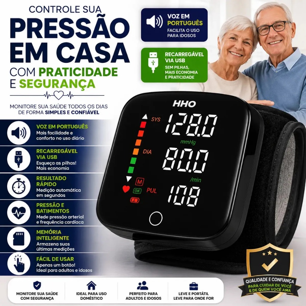 Medidor De Pressão Arterial Digital de Pulso Recarregável USB Com Voz em Portugues Medidor de Pressão Braço