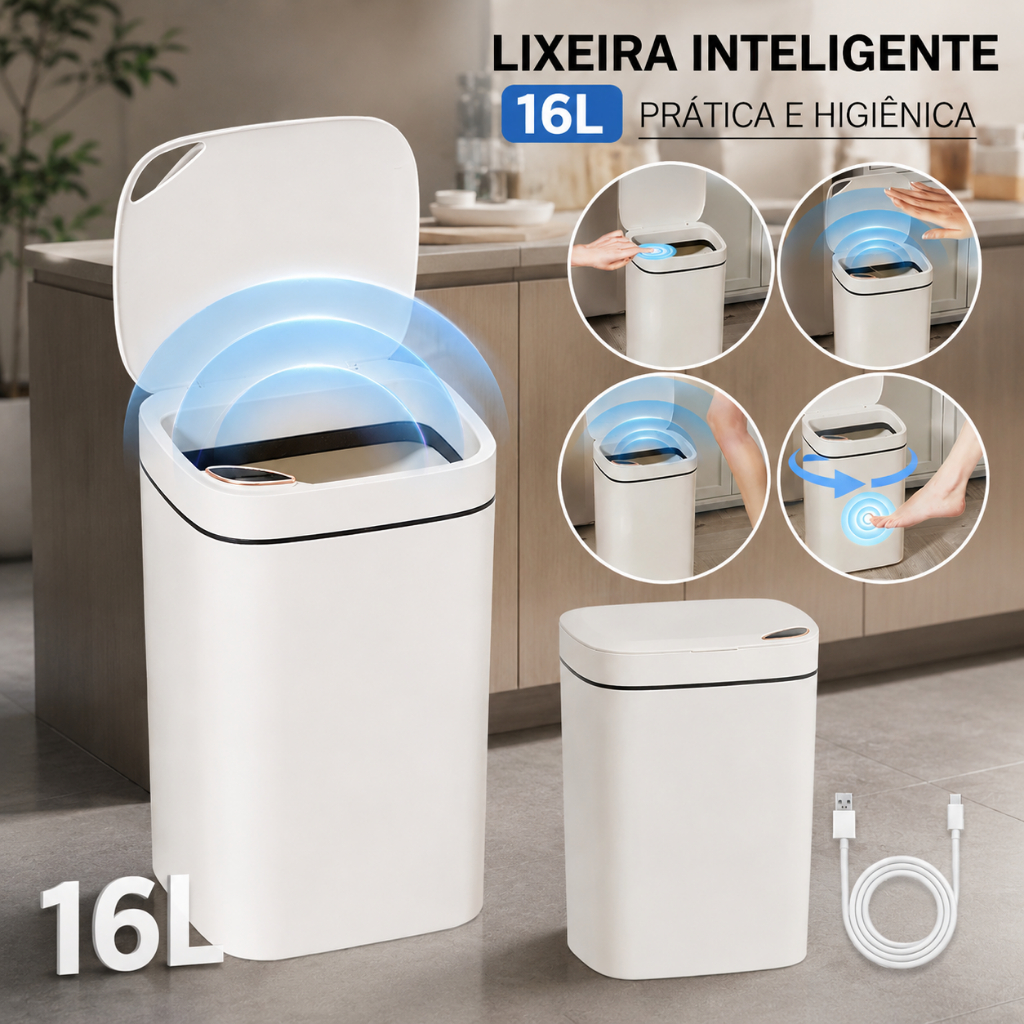 Lixeira Automática Inteligente De 16 Litros Para Banheiro Cozinha Escritório Quarto Com Sensor Smart B-Max