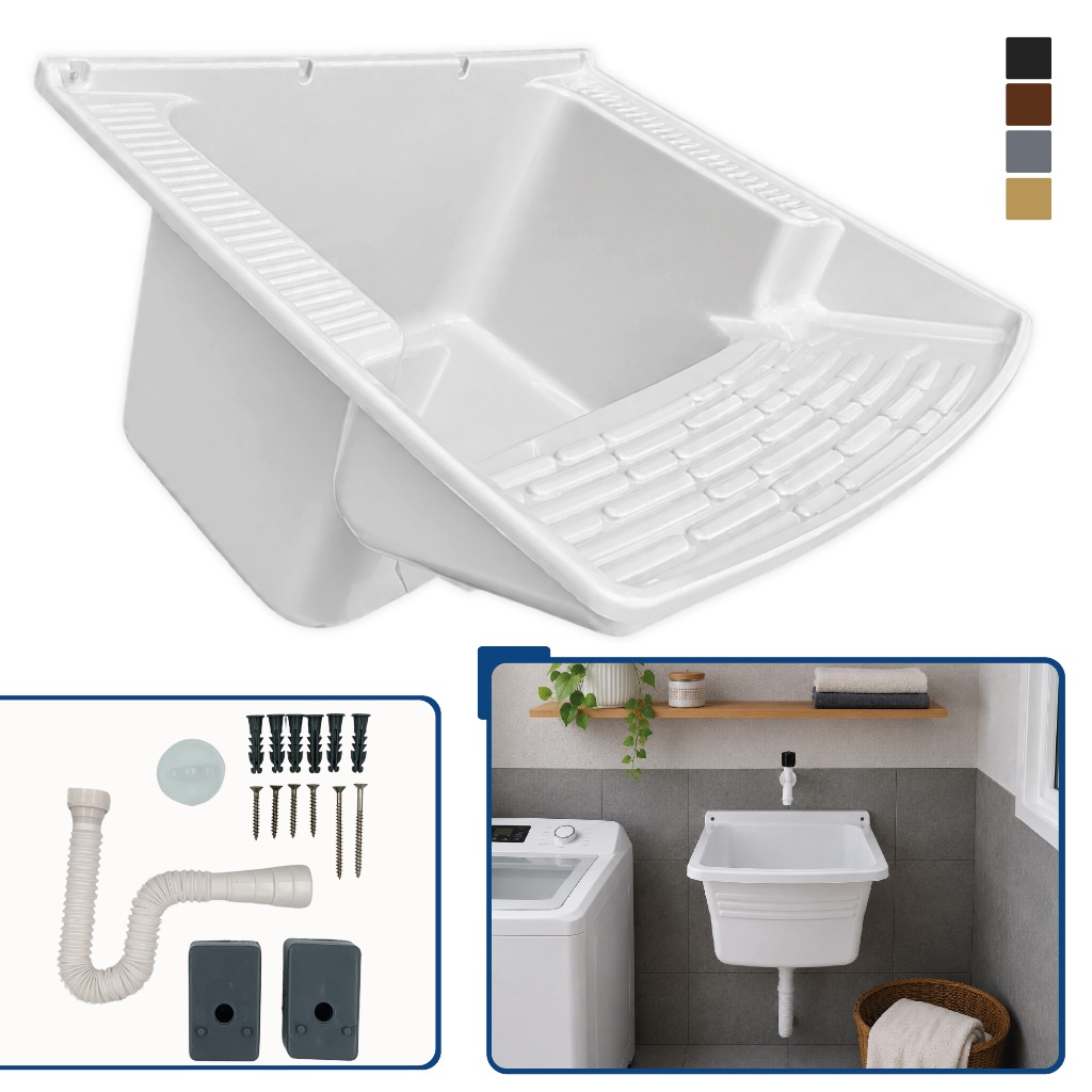 Tanque Plástico Lavar Roupas C/ Válvula Acoplada Kit Instalação C/ Sifão Lavanderia 28L Varias Cores
