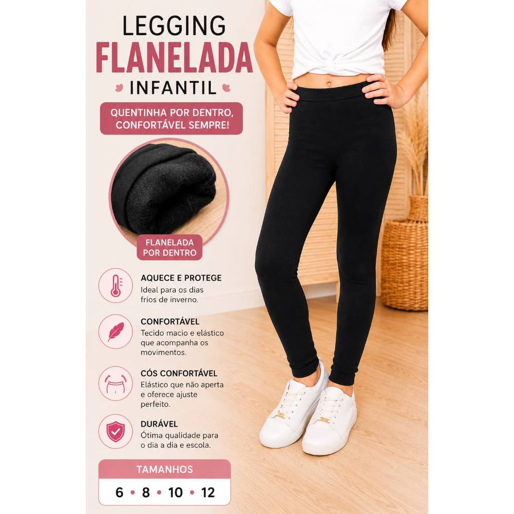 Legging Infantil Flanelada Menina Inverno Quentinha Cós Elástico Confortável