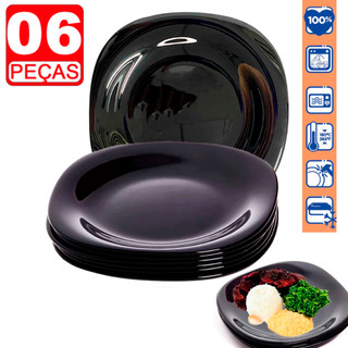 Kit Jogo 06 Pratos raso Quadrado Preto Opaline Liso de Vidro Temperado 26,5cm Elegante Cozinha des