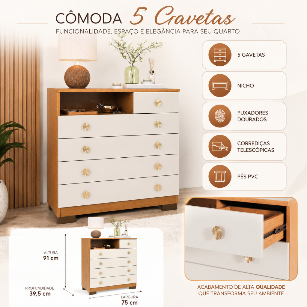 Cômoda 5 Gavetas Para Quarto Casal Solteiro C/ Pés Corrediças Telescópicas Organizador Roupas Select · foto 2