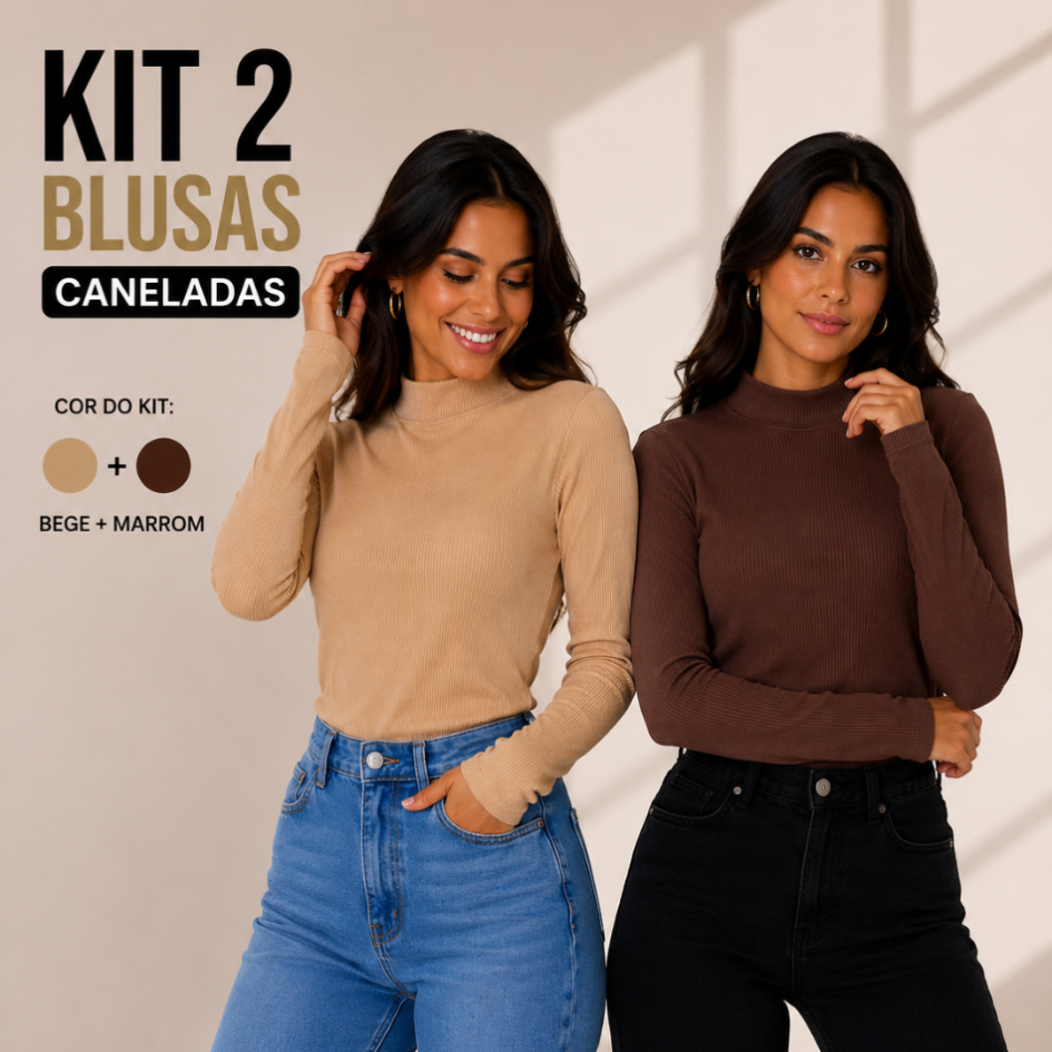 Kit 2 Blusa de Frio Feminina Estilosa Gola Alta Manga Longa Canelada Segunda Pele Inverno Algodão Premuim