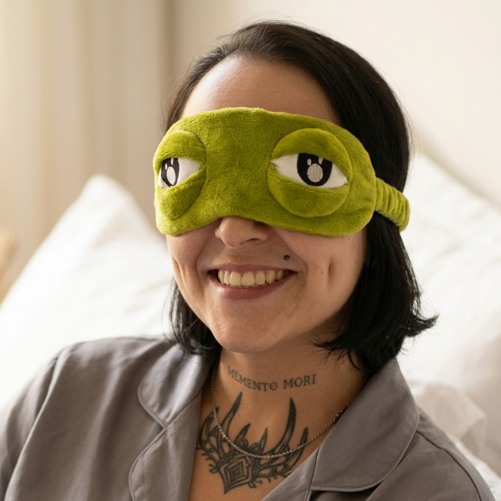 Máscara De Dormir Sapo Pepe Olhos 3D Abre E Fecha Pelúcia Engraçada Tapa Olho Viagem Divertido